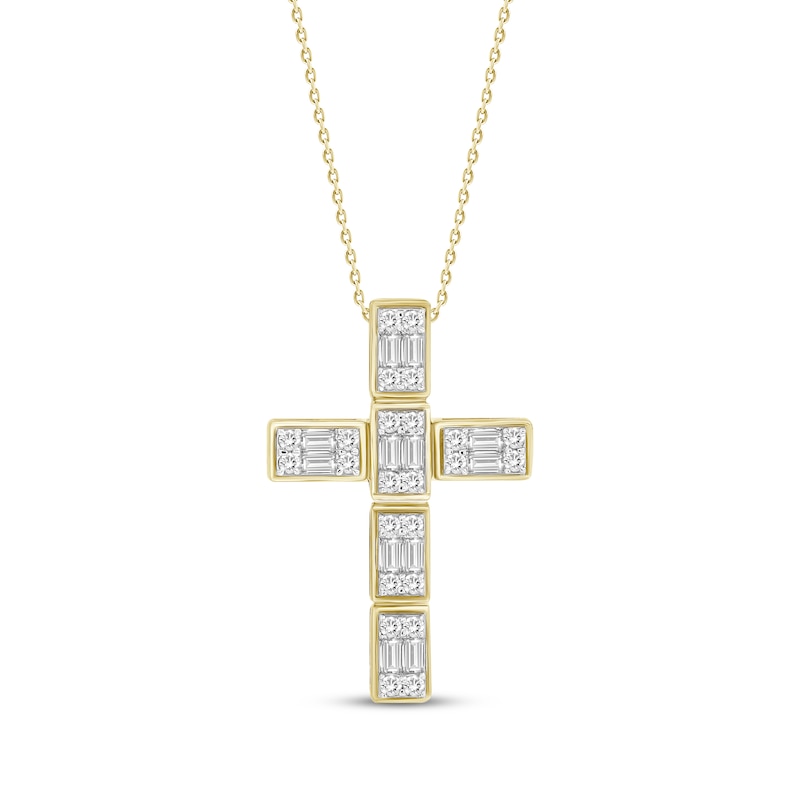 Main Image 1 of Baguette & Round-Cut Diamond Grid Cross Necklace 1/2 ct tw 10K Yellow Gold 18&quot;