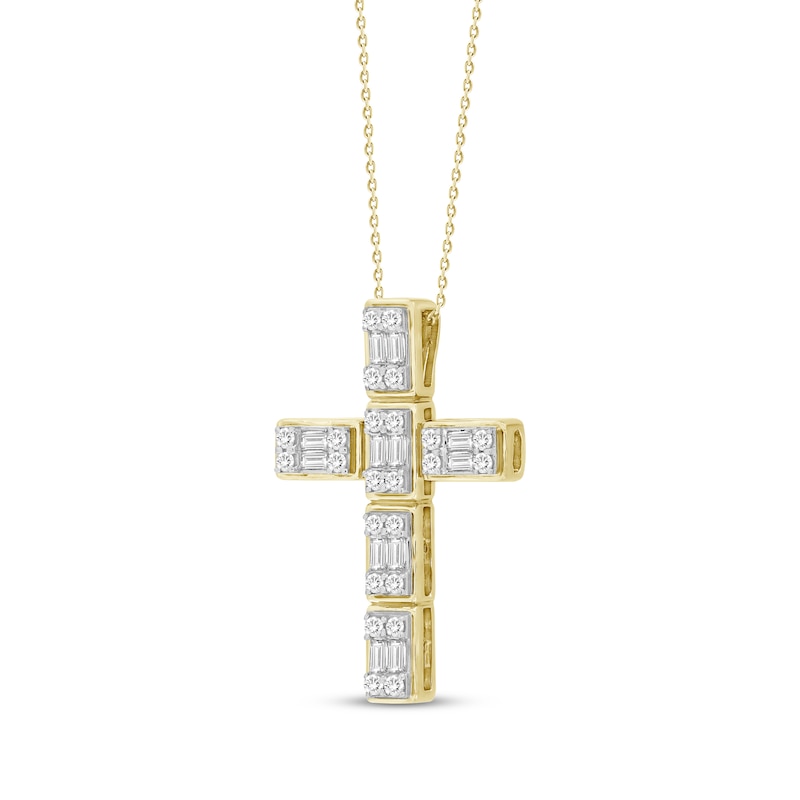 Main Image 2 of Baguette & Round-Cut Diamond Grid Cross Necklace 1/2 ct tw 10K Yellow Gold 18&quot;