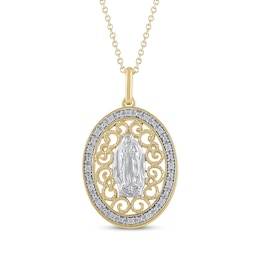 Diamond Our Lady of Guadalupe Oval Filigree Necklace 1/20 ct tw 10K Two-Tone Gold 18&quot;