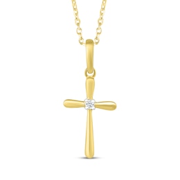 Diamond Accent Solitaire Puffed Cross Necklace 10K Yellow Gold 18&quot;