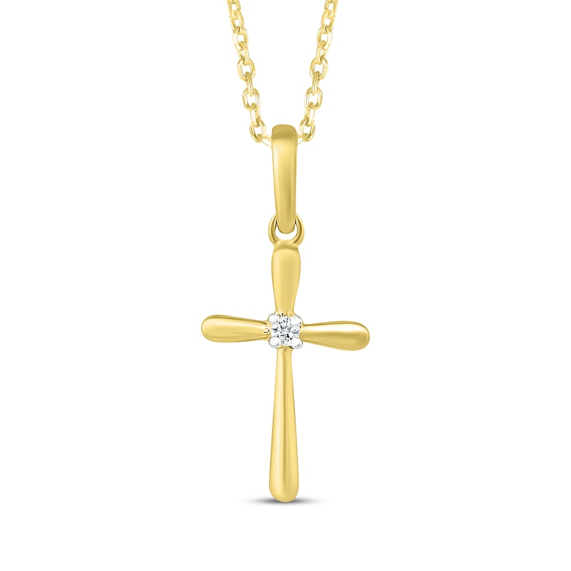 Main Image 1 of Diamond Accent Solitaire Puffed Cross Necklace 10K Yellow Gold 18&quot;