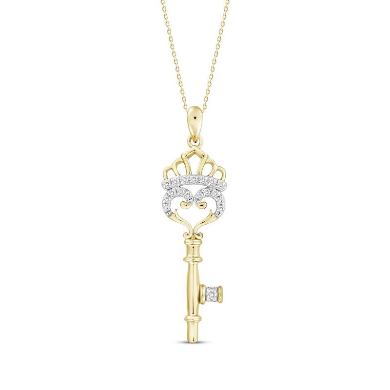 Diamond Key with Crown Necklace 1/10 ct tw 10K Yellow Gold 18"