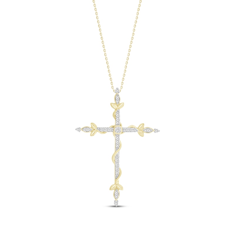 Main Image 1 of Diamond Vine & Leaf Cross Necklace 1/4 ct tw 10K Yellow Gold 18&quot;