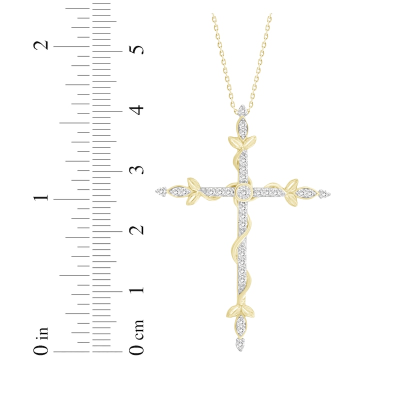 Main Image 2 of Diamond Vine & Leaf Cross Necklace 1/4 ct tw 10K Yellow Gold 18&quot;