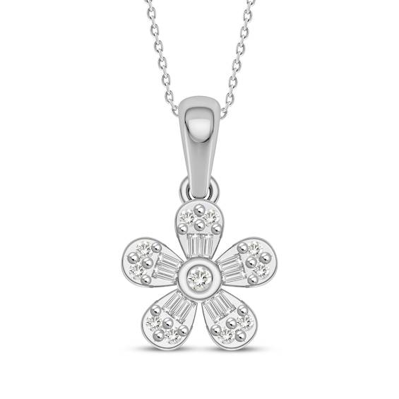 Baguette & Round-Cut Diamond Flower Necklace 1/5 ct tw 10K White Gold 18"