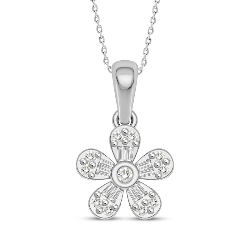 Main Image 1 of Baguette & Round-Cut Diamond Flower Necklace 1/5 ct tw 10K White Gold 18&quot;