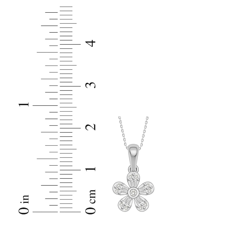 Main Image 3 of Baguette & Round-Cut Diamond Flower Necklace 1/5 ct tw 10K White Gold 18&quot;