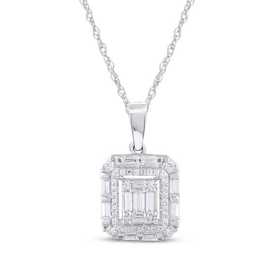 Baguette & Round-Cut Diamond Double Halo Necklace 1/3 ct tw 10K White Gold 18"