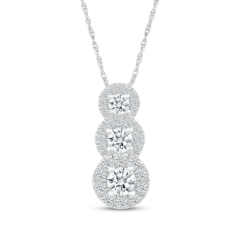 Diamond Graduated Three-Stone Halo Necklace 1/2 ct tw 10K White Gold 18 ...