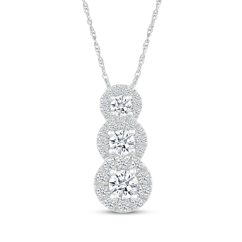 Diamond Graduated Three-Stone Halo Necklace 1/2 ct tw 10K White Gold 18"