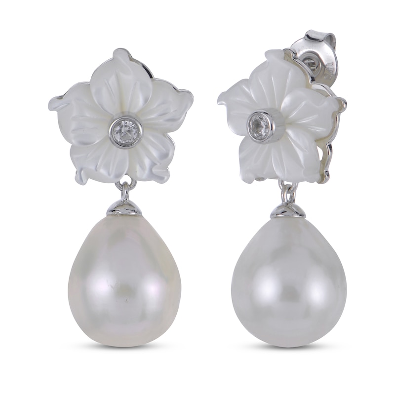 Main Image 1 of Cultured Pearl, White Lab-Created Sapphire & Mother-of-Pearl Dangle Earrings Sterling Silver