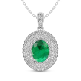 Oval-Cut Lab-Created Emerald & White Lab-Created Sapphire Halo Necklace Sterling Silver 18&quot;