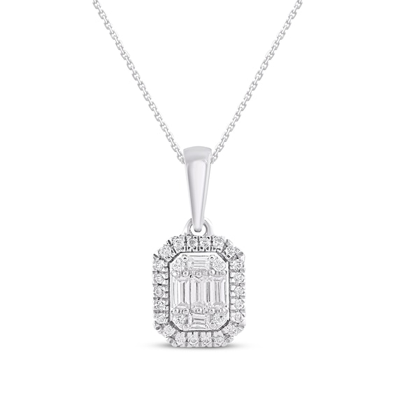 Baguette & Round-Cut Multi-Diamond Octagon Frame Necklace 1/6 ct tw 10K White Gold 18"