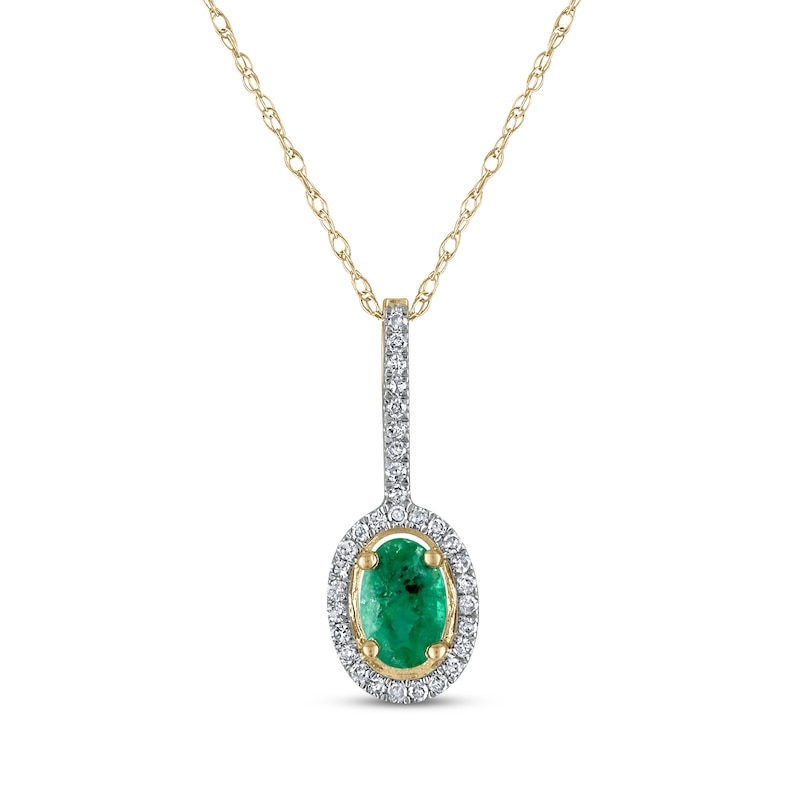 Main Image 1 of Oval-Cut Natural Emerald & Diamond Halo Drop Necklace 1/10 ct tw 10K Yellow Gold 18&quot;