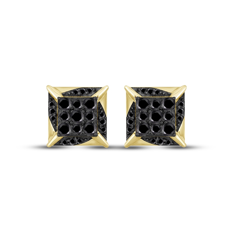 Main Image 2 of Men's Black Multi-Diamond Spike Stud Earrings 1/3 ct tw 10K Yellow Gold