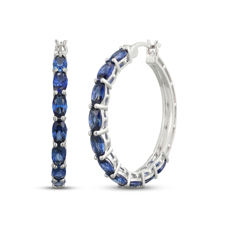 Main Image 1 of Oval-Cut Blue Lab-Created Sapphire Hoop Earrings Sterling Silver