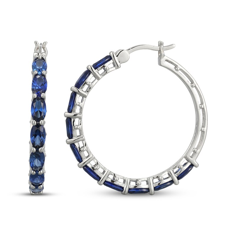 Main Image 3 of Oval-Cut Blue Lab-Created Sapphire Hoop Earrings Sterling Silver