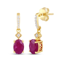 Oval-Cut Natural Ruby & Diamond Drop Earrings 1/15 ct tw 14K Yellow Gold