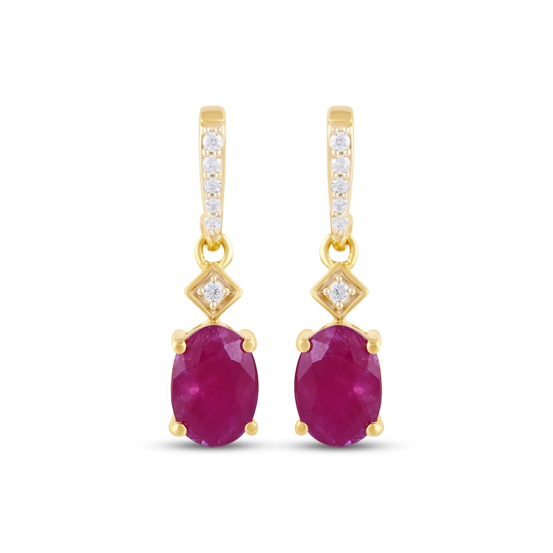 Main Image 2 of Oval-Cut Natural Ruby & Diamond Drop Earrings 1/15 ct tw 14K Yellow Gold