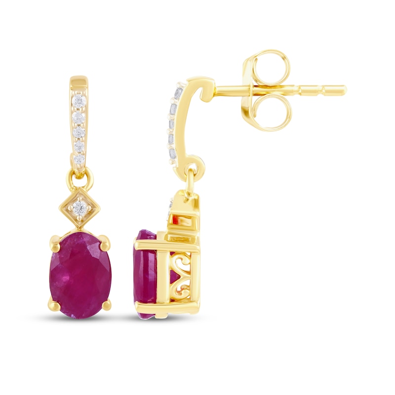 Main Image 3 of Oval-Cut Natural Ruby & Diamond Drop Earrings 1/15 ct tw 14K Yellow Gold