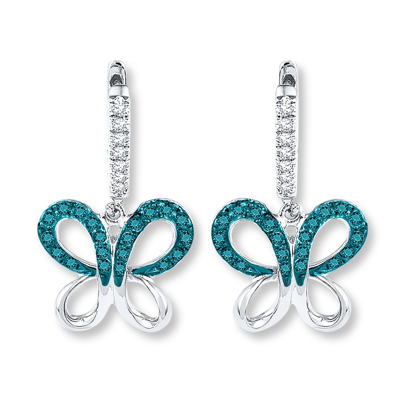 Main Image 1 of Blue/White Diamond Butterfly Earrings 1/6 ct tw Sterling Silver