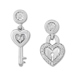 Diamond Mismatched Earrings Heart/Key Sterling Silver