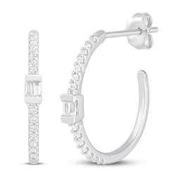 Diamond Hoop Earrings 1/8 ct tw Round & Baguette 10K White Gold