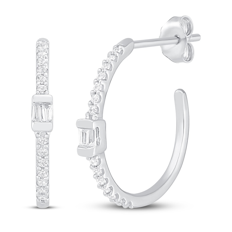 Main Image 1 of Diamond Hoop Earrings 1/8 ct tw Round & Baguette 10K White Gold