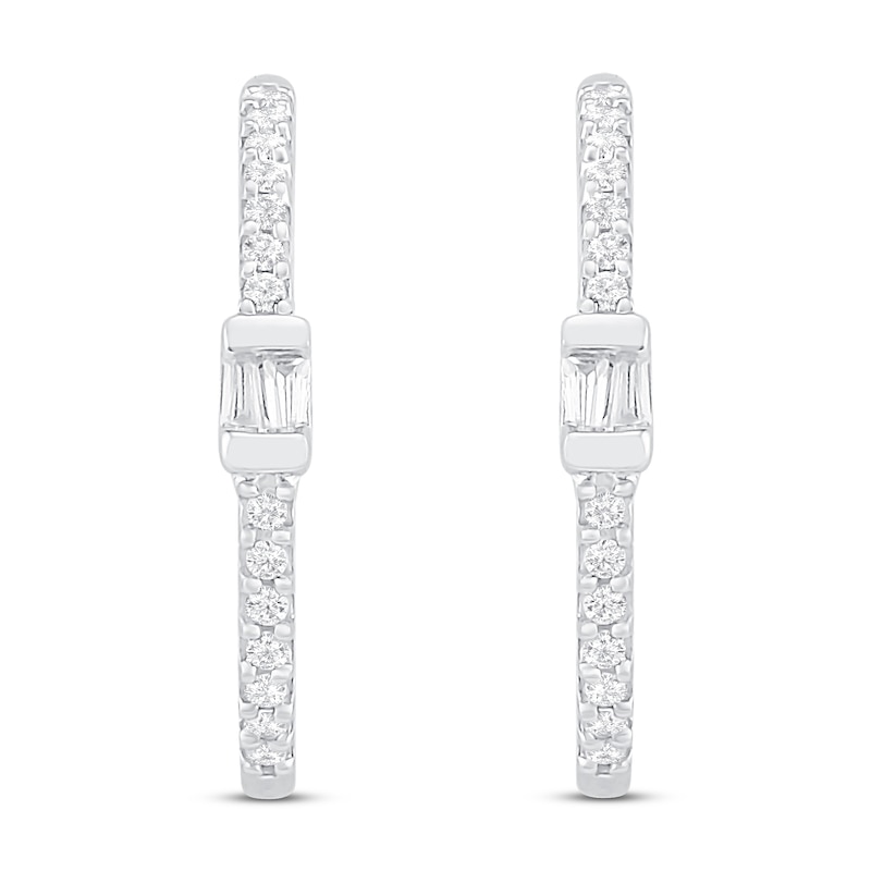 Main Image 3 of Diamond Hoop Earrings 1/8 ct tw Round & Baguette 10K White Gold