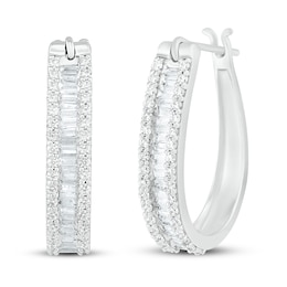 Diamond Hoop Earrings 1 ct tw Round & Baguette 10K White Gold