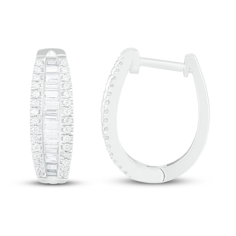 Main Image 2 of Diamond Hoop Earrings 5/8 ct tw Baguette/Round-Cut 10K White Gold