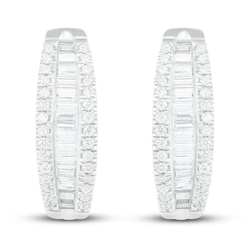 Main Image 3 of Diamond Hoop Earrings 5/8 ct tw Baguette/Round-Cut 10K White Gold