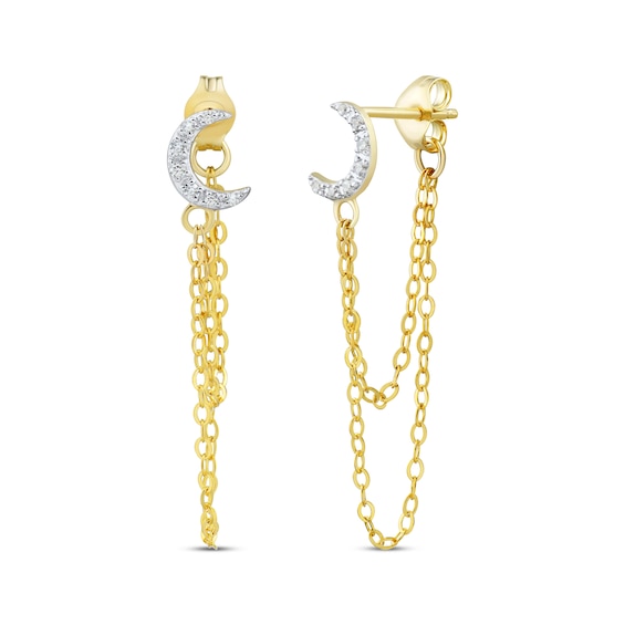 Round-Cut Diamond Moon & Chain Drop Front-Back Earrings 1/20 ct tw 10K Yellow Gold