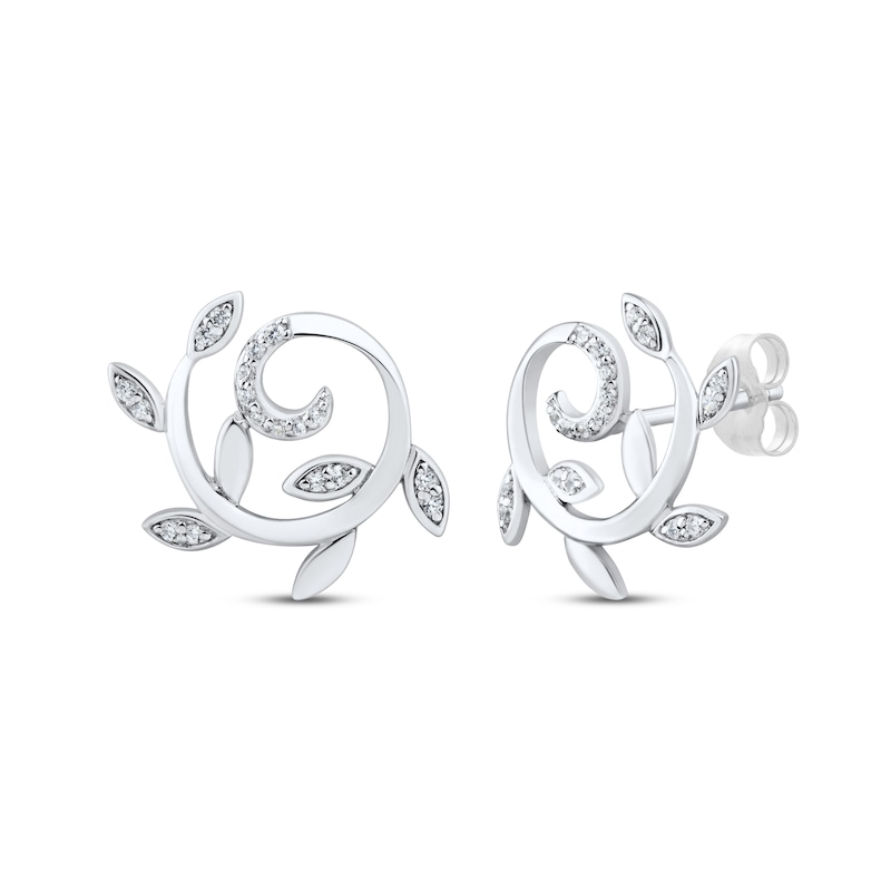 Round-Cut Diamond Leaf & Vine Swirl Stud Earrings 1/10 ct tw Sterling ...