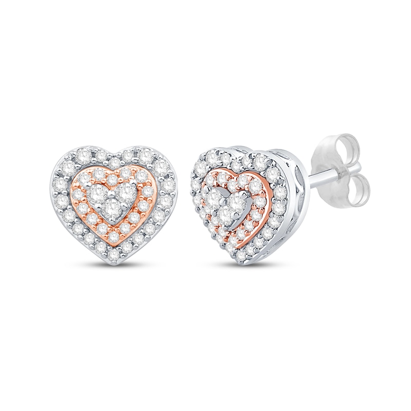 Main Image 1 of Round-Cut Diamond Heart Stud Earrings 1/3 ct tw 10K Two-Tone Gold