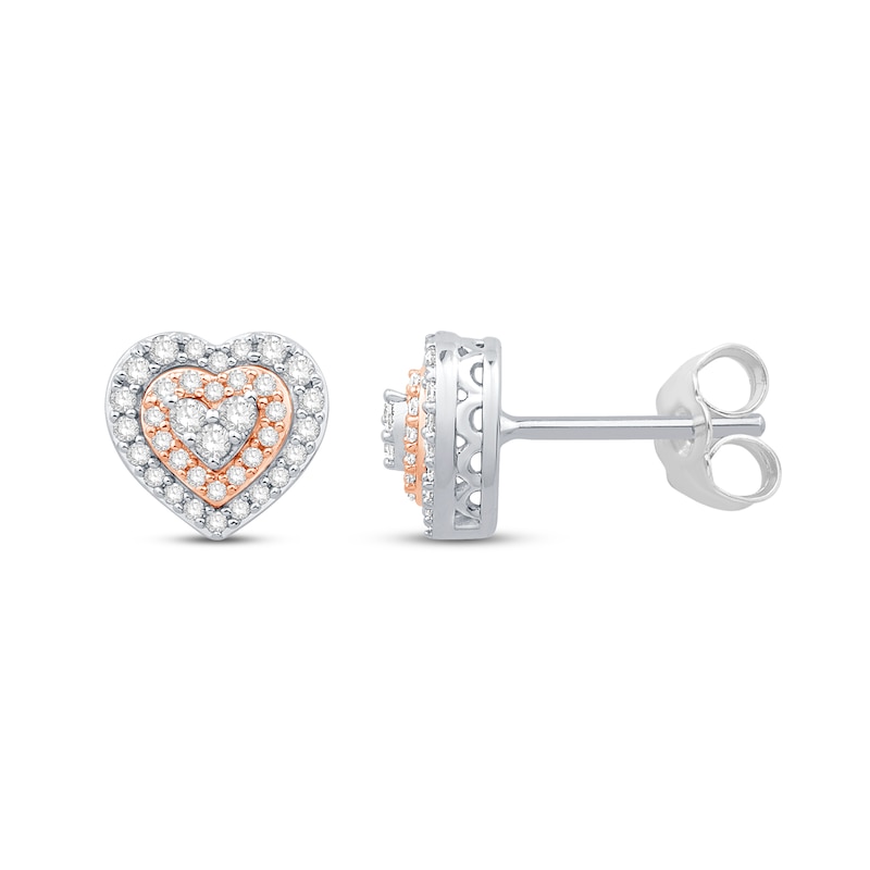 Main Image 3 of Round-Cut Diamond Heart Stud Earrings 1/3 ct tw 10K Two-Tone Gold