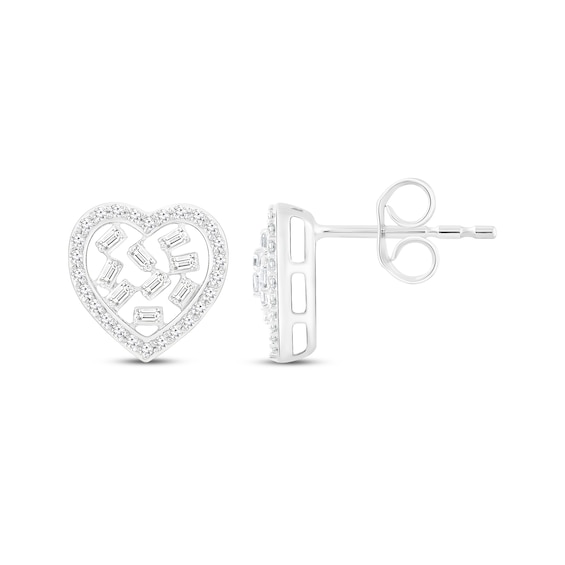 Baguette & Round-Cut Diamond Heart Scatter Earrings 1/4 ct tw 10K White Gold