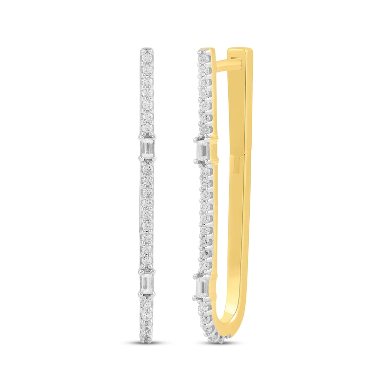 Main Image 1 of Baguette & Round-Cut Diamond Elongated Hoop Earrings 1/4 ct tw 10K Yellow Gold