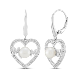 Cultured Pearl & White Lab-Created Sapphire &quot;Mom&quot; Heart Dangle Earrings Sterling Silver