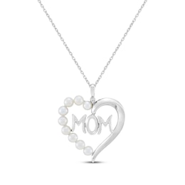 Cultured Pearl & White Lab-Created Sapphire Accent &quot;Mom&quot; Heart Necklace Sterling Silver 18&quot;
