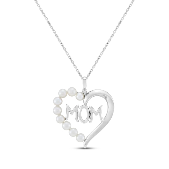 Cultured Pearl & White Lab-Created Sapphire Accent "Mom" Heart Necklace Sterling Silver 18"