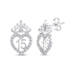 Diamond Quinceañera Heart with Crown Stud Earrings 1/6 ct tw 10K White Gold