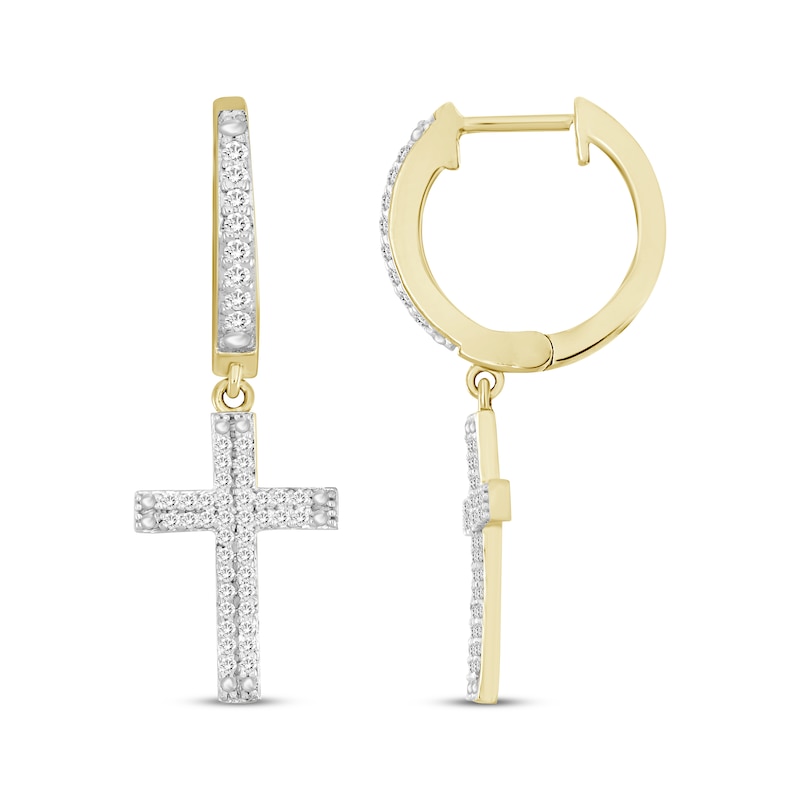 Main Image 1 of Diamond Hoop Drop Cross Earrings 1/4 ct tw 10K Yellow Gold