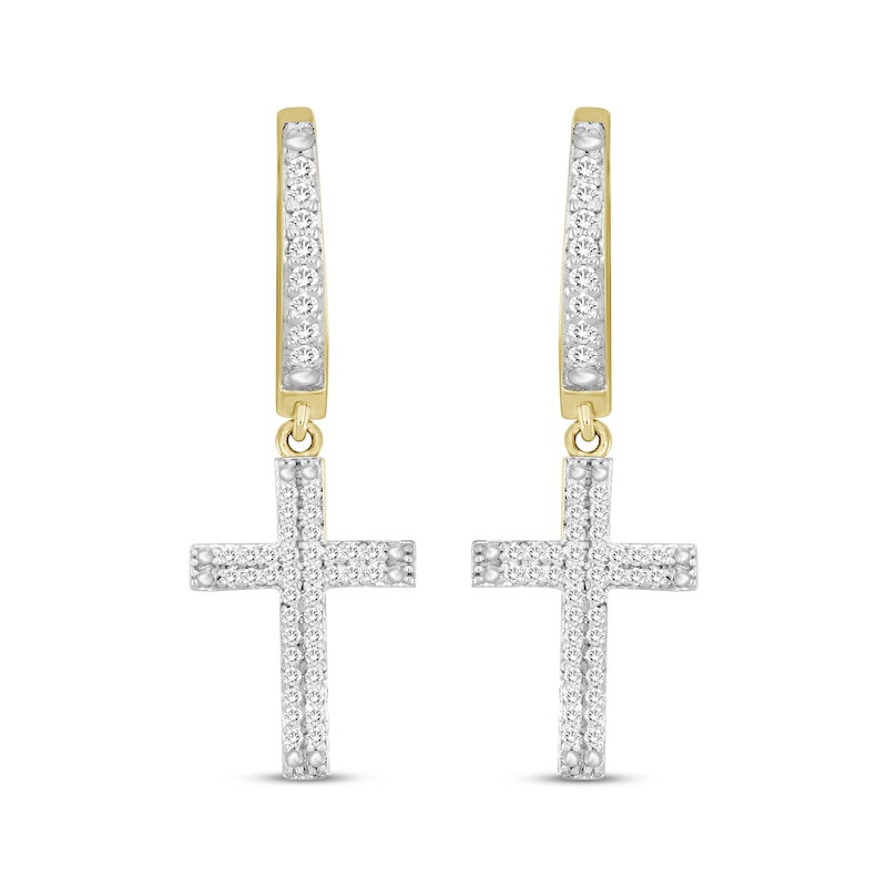 Main Image 2 of Diamond Hoop Drop Cross Earrings 1/4 ct tw 10K Yellow Gold