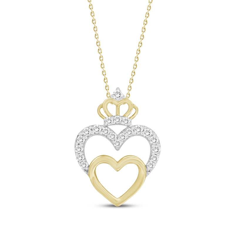 Main Image 1 of Diamond Double Heart with Crown Necklace 1/6 ct tw 10K Yellow Gold 16&quot;