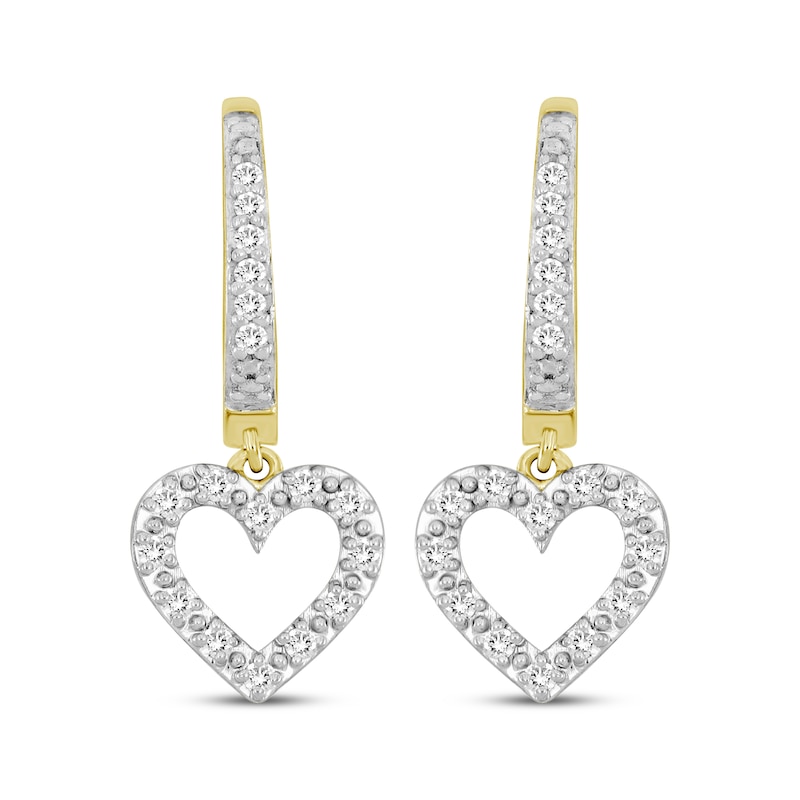 Diamond Hoop Drop Heart Earrings 1/4 ct tw 10K Yellow Gold