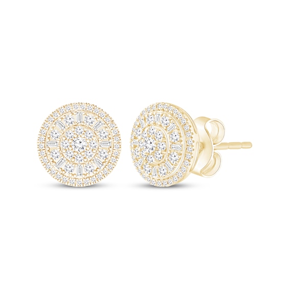 Baguette & Round-Cut Multi-Diamond Circle Stud Earrings 1 ct tw 10K Yellow Gold