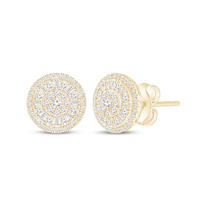 Main Image 1 of Baguette & Round-Cut Multi-Diamond Circle Stud Earrings 1 ct tw 10K Yellow Gold