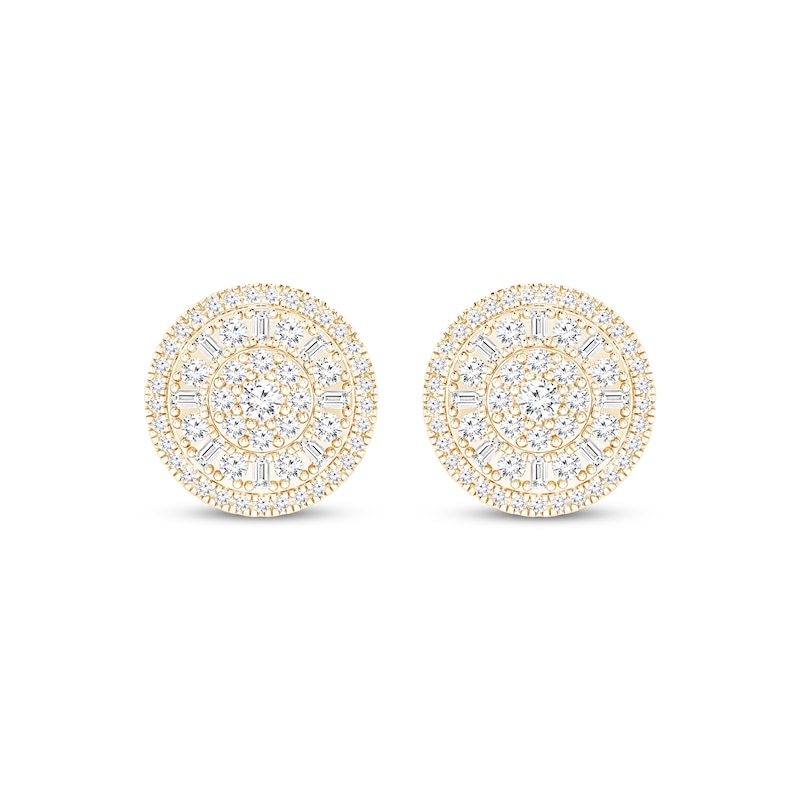 Main Image 2 of Baguette & Round-Cut Multi-Diamond Circle Stud Earrings 1 ct tw 10K Yellow Gold