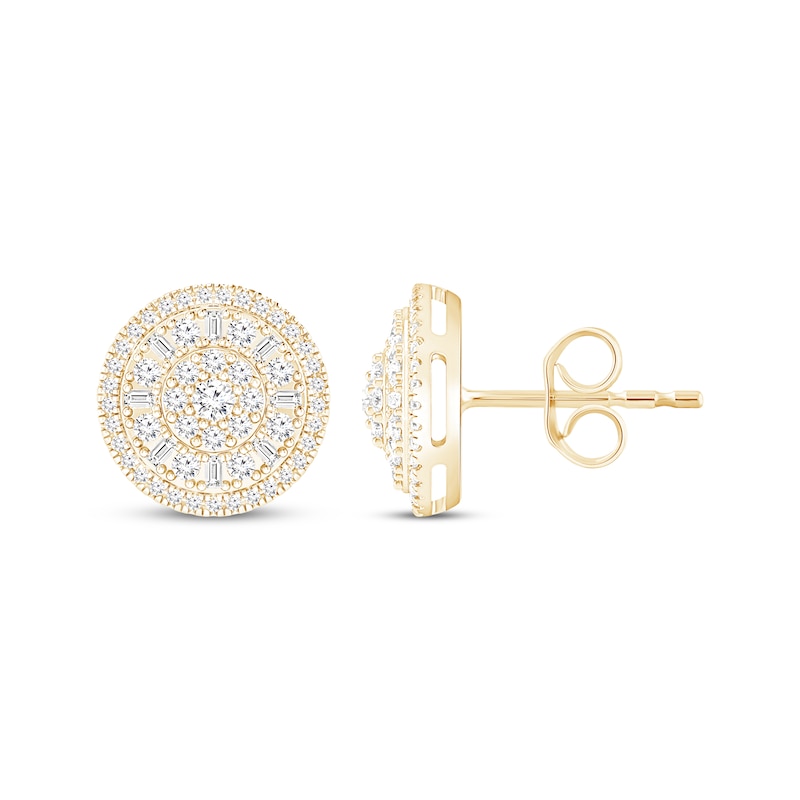 Main Image 3 of Baguette & Round-Cut Multi-Diamond Circle Stud Earrings 1 ct tw 10K Yellow Gold